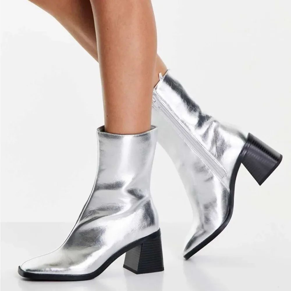 ASOS Monki Silver Ankle Booties with square Toe and Block Heel US8.5 EU39